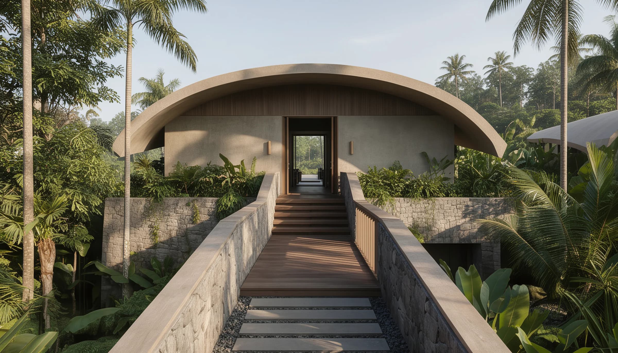 Casa Enredadera — entrada con arco y puente en la jungla