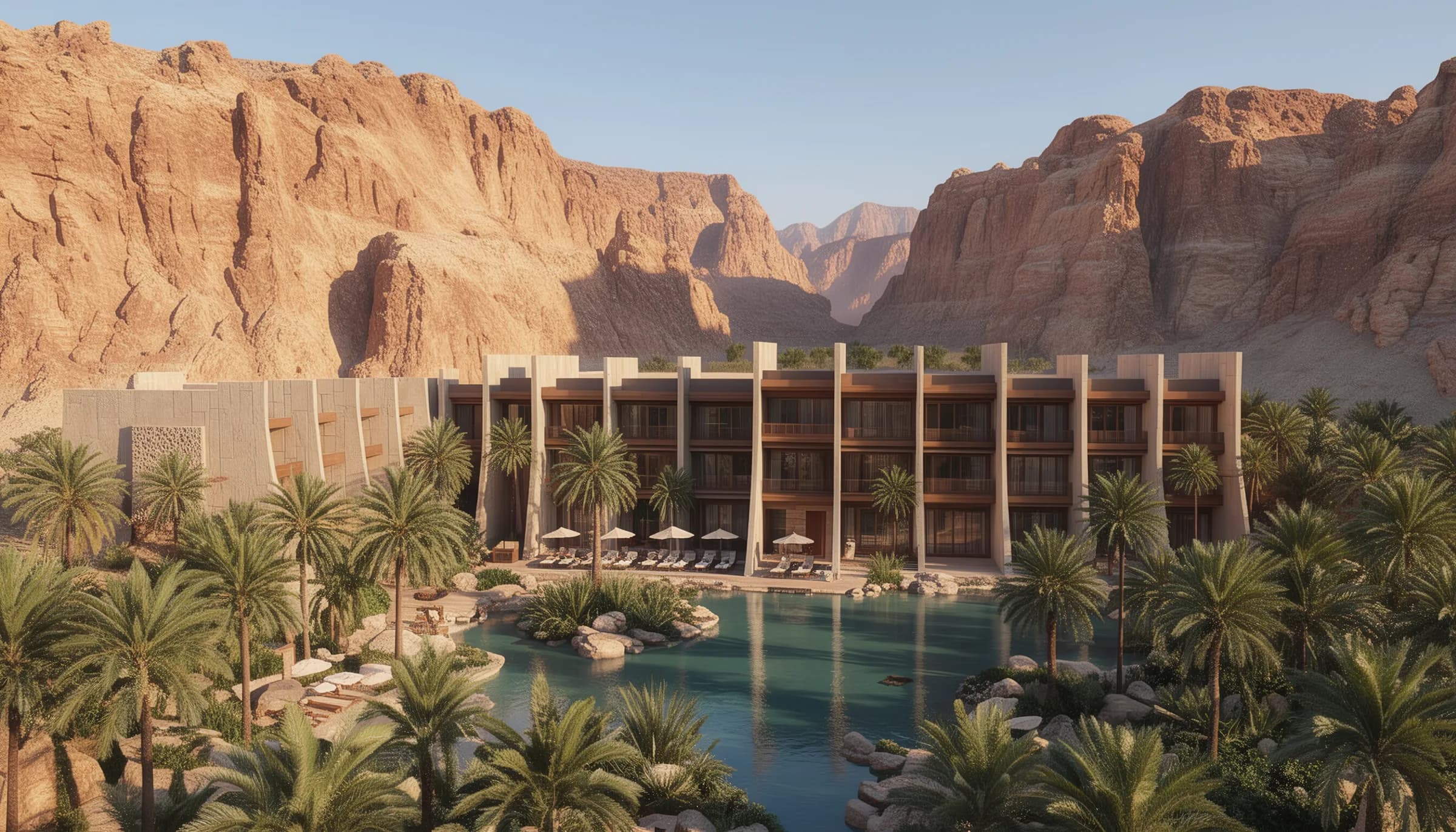 Resort Wadi — aerial render, desert canyon resort