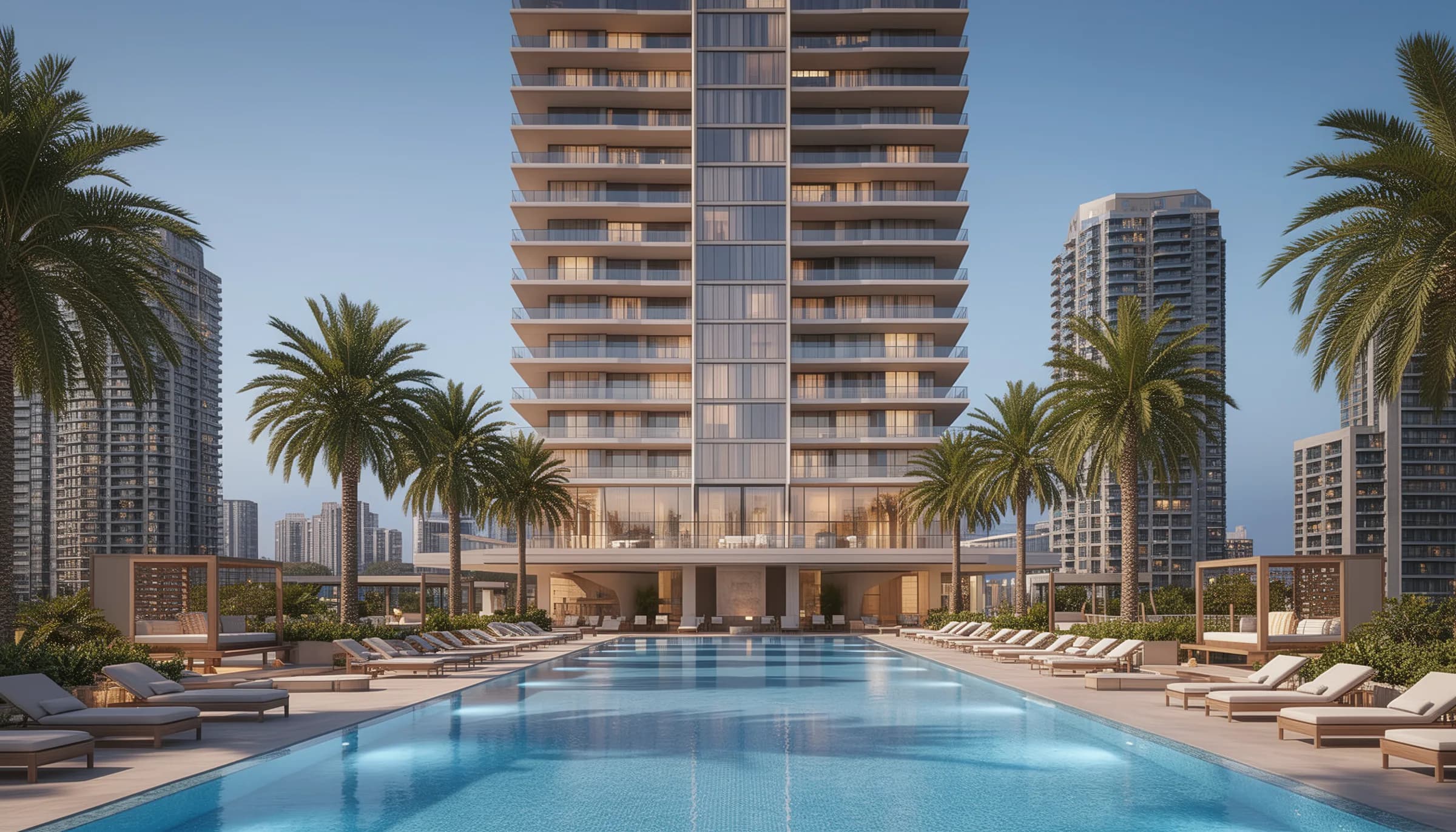 Torre Palma — frontal con piscina amenities y palmeras