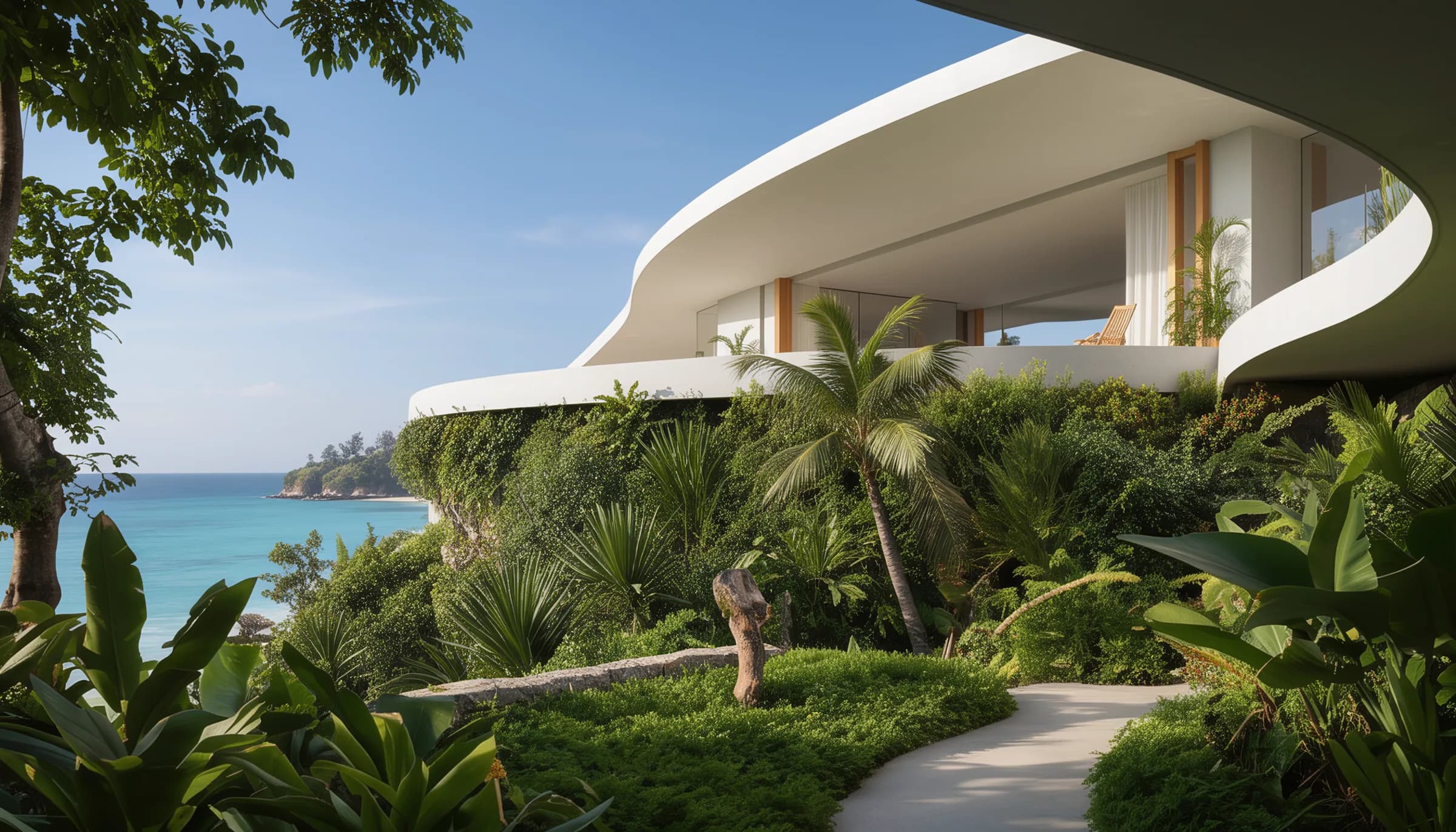 Villa Cenote — exterior curvo con jardín y mar