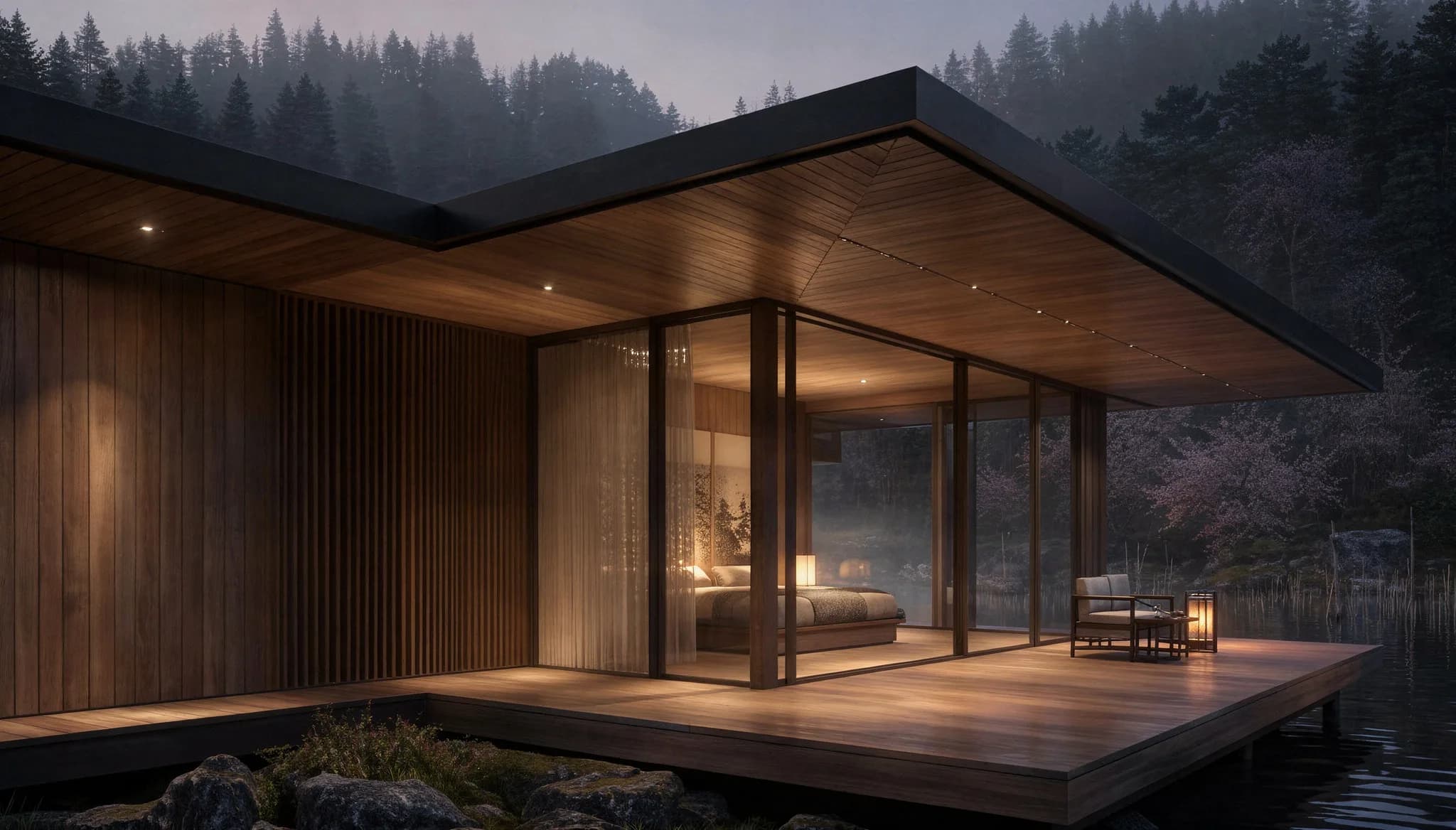 Kimko House — terraza de madera sobre el agua