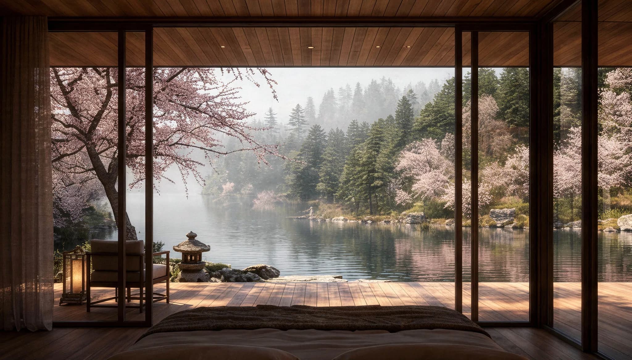 Kimko House — cerezos en flor y niebla