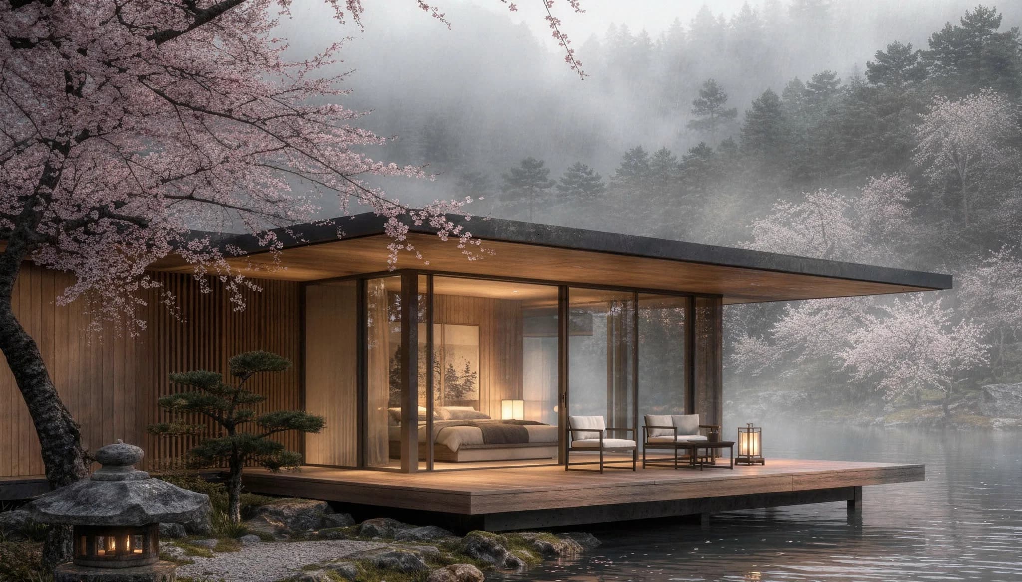 Kimko House — jardín de piedra al atardecer