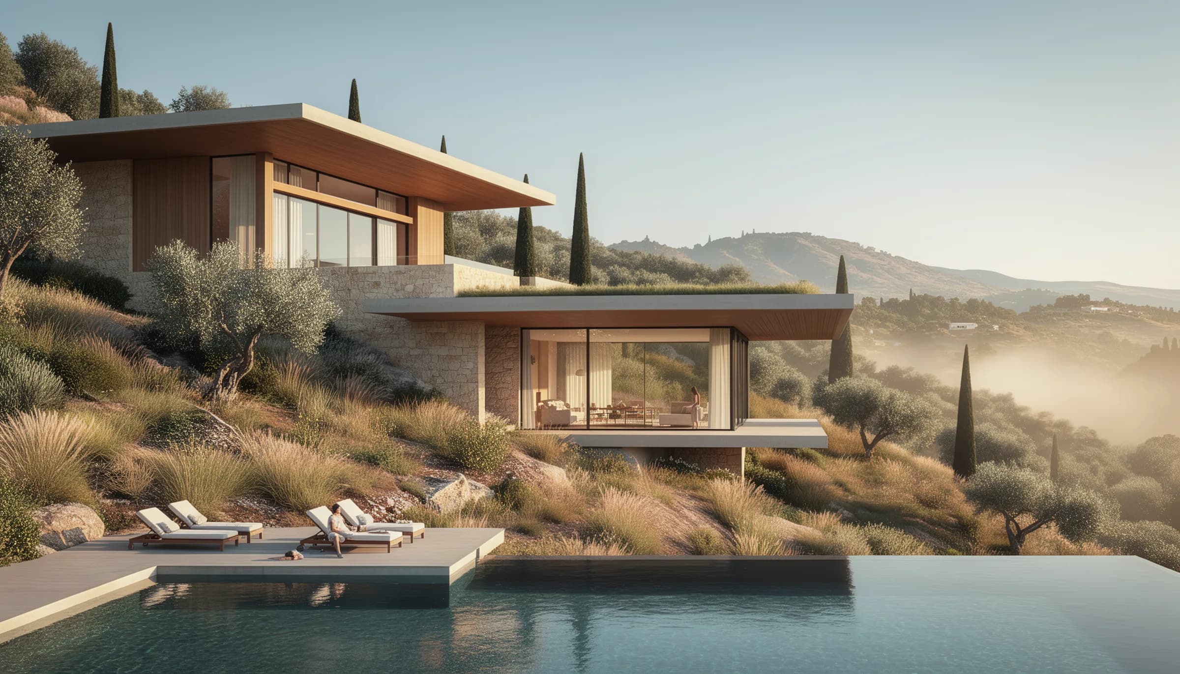 Villa Cipresso — exterior con piscina y ladera toscana